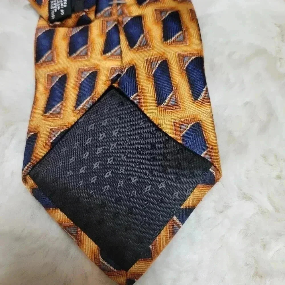 Oscar de la Renta Vintage Silk Tie Geometric Print Retro Navy Orange - Picture 2 of 5